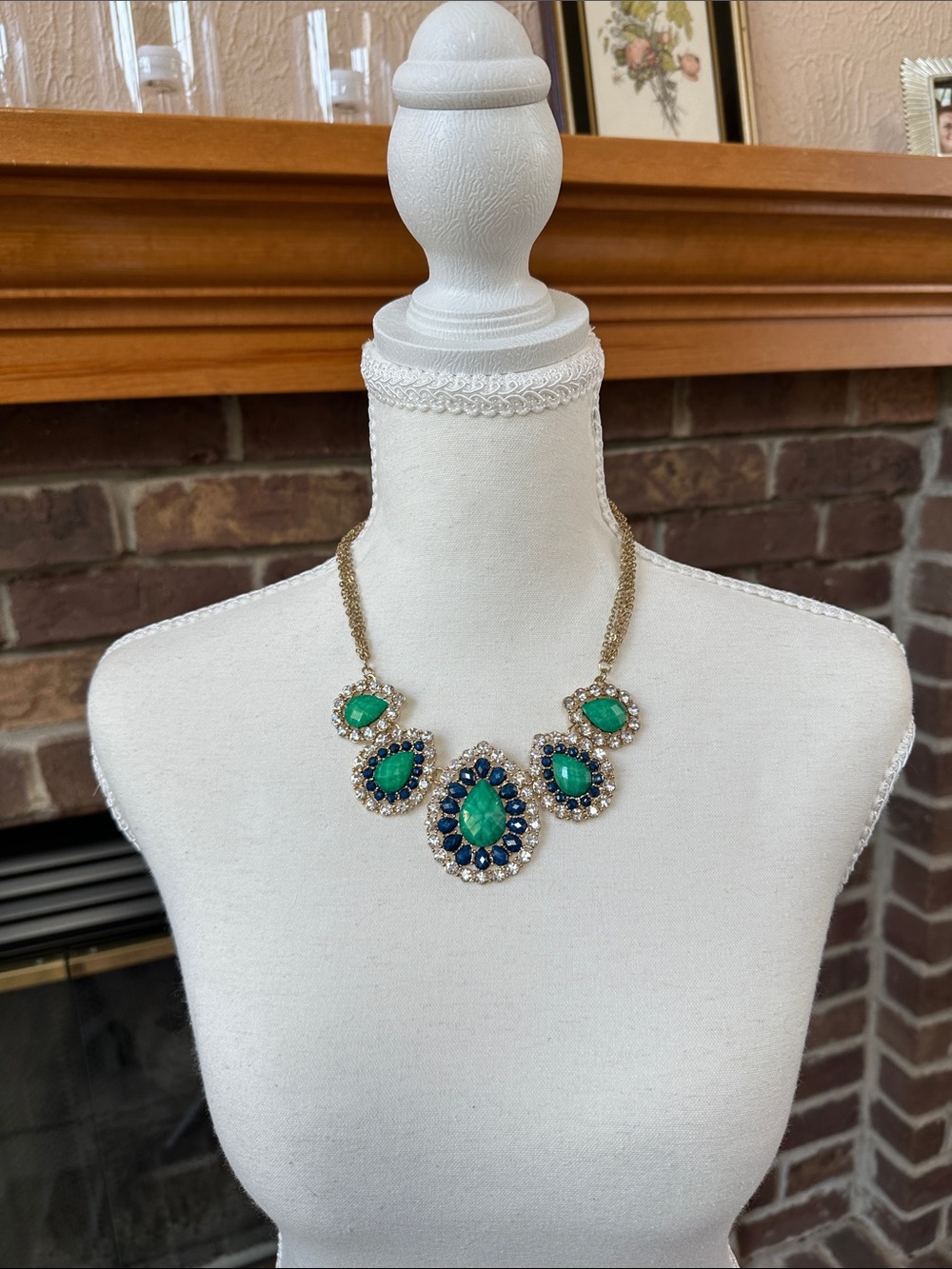 Amrita Singh Gold-Tone Green & Blue Teardrop Rhinestone Bib Necklace Y2K